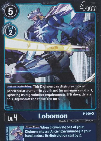 Lobomon Holo P-030 ist in Promo. Die Digimon Karte ist aus Great Legend BT04 