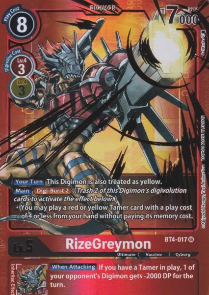 RizeGreymon BT4-017 ist in Alternative Art Holo. Die Digimon Karte ist aus Great Legend BT04 