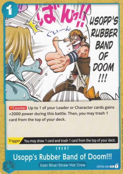 Usopp's Rubber Band of Doom!!! OP03-054 ist in Common. Die One Piece Karte ist aus Pillars of Strength OP-03 in Normal Art.
