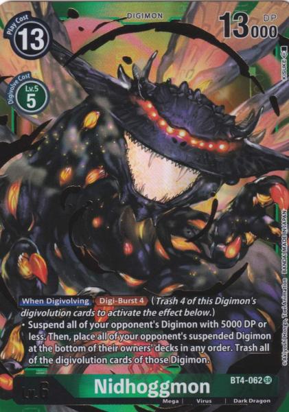 Nidhoggmon BT4-062 ist in Alternative Art Holo. Die Digimon Karte ist aus Great Legend BT04 