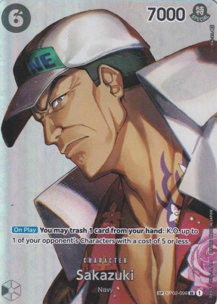 Sakazuki OP02-099 ist in Special Card. Die One Piece Karte ist aus Kingdoms Of Intrigue in Parallel Alternative Art.
