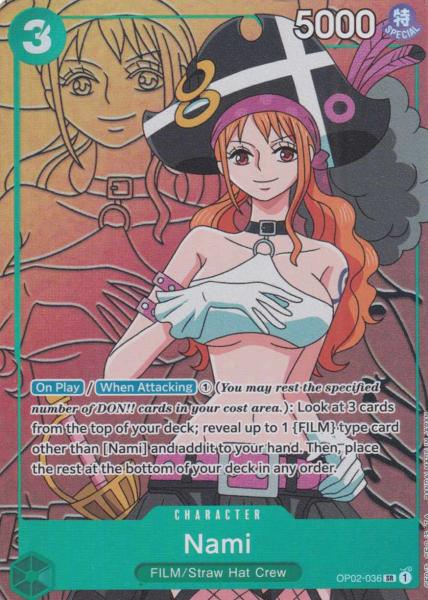 Nami (Parallel) OP02-036 ist in Super Rare. Die One Piece Karte ist aus Paramount War OP-02 in Parallel Alternative Art.