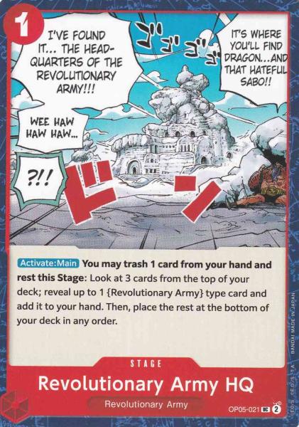 Revolutionary Army HQ OP05-021 ist in Uncommon. Die One Piece Karte ist aus Awakening of the New Era in Normal Art.