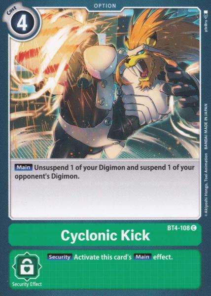 Cyclonic Kick BT4-108 ist in Common. Die Digimon Karte ist aus Great Legend BT04 