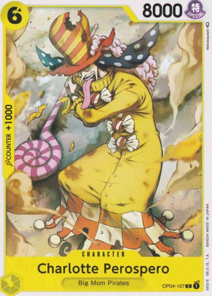 Charlotte Perospero OP04-107 ist in Common. Die One Piece Karte ist aus Kingdoms Of Intrigue in Normal Art.