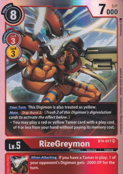 RizeGreymon BT4-017 ist in Super Rare Holo. Die Digimon Karte ist aus Great Legend BT04 