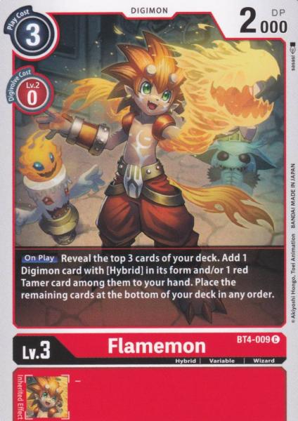 Flamemon BT4-009 ist in Common. Die Digimon Karte ist aus Great Legend BT04 