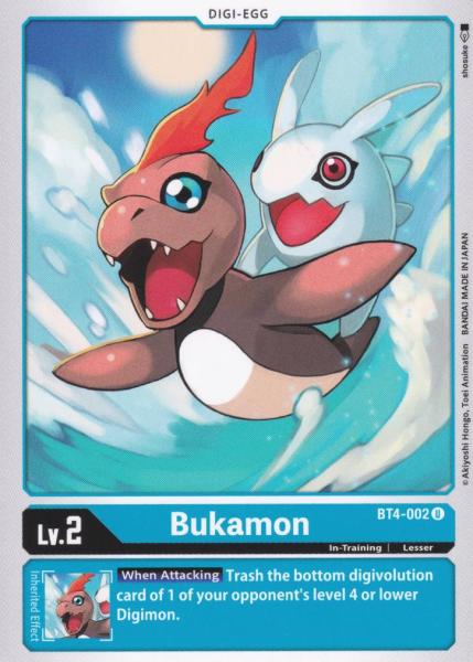 Bukamon BT4-002 ist in Uncommon. Die Digimon Karte ist aus Great Legend BT04 