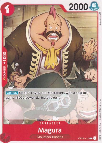 Magura OP02-016 ist in Common. Die One Piece Karte ist aus Paramount War OP-02 in Normal Art.