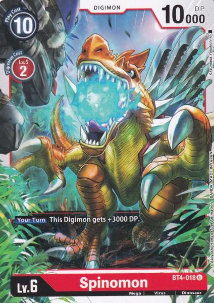 Spinomon BT4-018 ist in Uncommon. Die Digimon Karte ist aus Great Legend BT04 