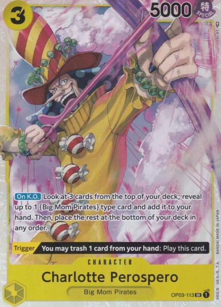 Charlotte Perospero OP03-113 ist in Super Rare. Die One Piece Karte ist aus Pillars of Strength OP-03 in Normal Art.