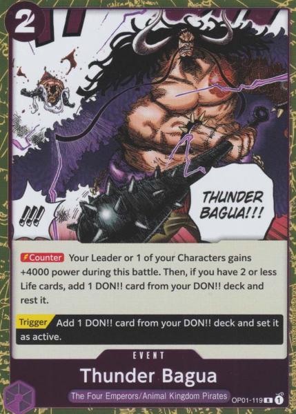 Thunder Bagua OP01-119 ist in Rare. Die One Piece Karte ist aus Romance Dawn in Normal Art.