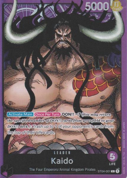 Kaido ST04-001 ist in Leader. Die One Piece Karte ist aus Animal Kingdom Pirates ST04 in Normal Art.