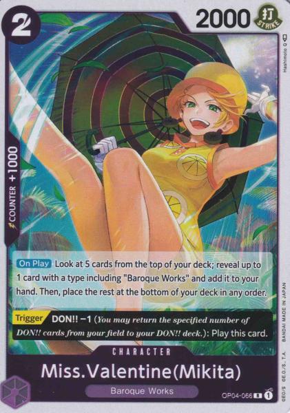 Miss.Valentine(Mikita) OP04-066 ist in Rare. Die One Piece Karte ist aus Kingdoms Of Intrigue in Normal Art.