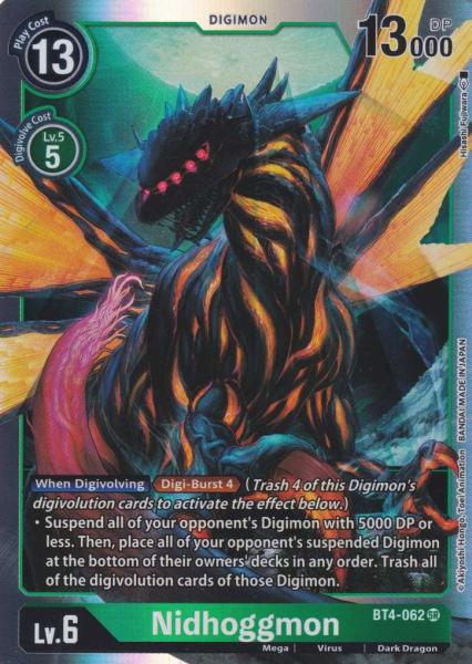 Nidhoggmon BT4-062 ist in Super Rare Holo. Die Digimon Karte ist aus Great Legend BT04 