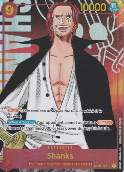 Shanks OP01-120 ist in Secret Rare. Die One Piece Karte ist aus Romance Dawn in Parallel Alternative Art.