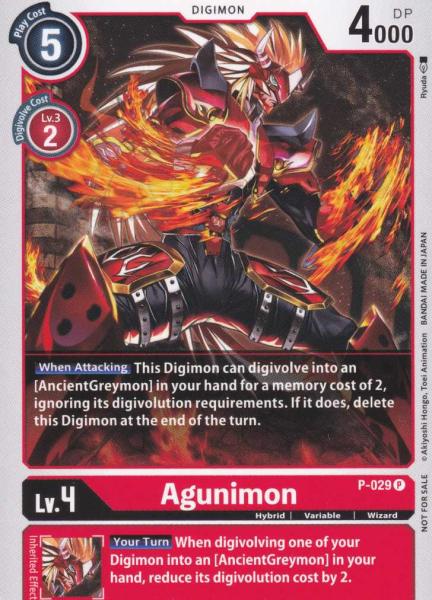 Agunimon P-029 ist in Promo. Die Digimon Karte ist aus Great Legend BT04 