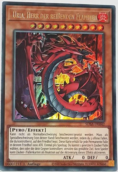 Uria, Herr der reißenden Flammen SDSA-DE042 ist in Ultra Rare Yu-Gi-Oh Karte aus Sacred Beasts 1.Auflage