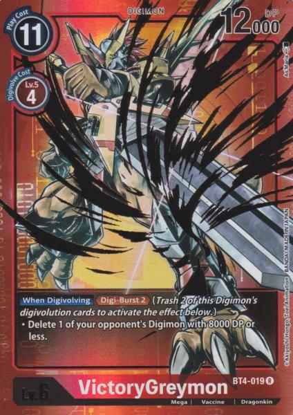 VictoryGreymon BT4-019 ist in Alternative Art Holo. Die Digimon Karte ist aus Great Legend BT04 