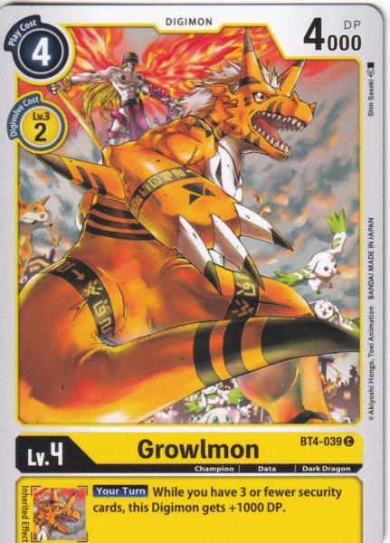 Growlmon BT4-039 ist in Common. Die Digimon Karte ist aus Great Legend BT04 