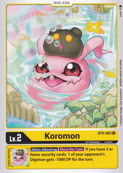 Koromon BT4-003 ist in Uncommon. Die Digimon Karte ist aus Great Legend BT04 