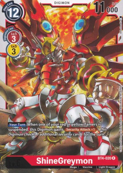ShineGreymon BT4-020 ist in Rare. Die Digimon Karte ist aus Great Legend BT04 