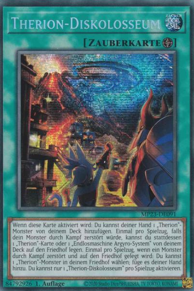 Therion-Diskolosseum MP23-DE091 ist in Secret Rare Yu-Gi-Oh Karte aus 25th Anniversary Tin Dueling Heroes 1.Auflage