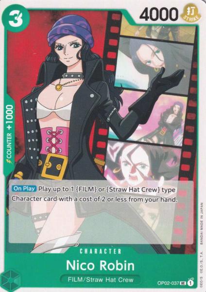 Nico Robin OP02-037 ist in Uncommon. Die One Piece Karte ist aus Paramount War OP-02 in Normal Art.