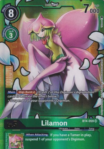 Lilamon BT4-059 ist in Alternative Art Holo. Die Digimon Karte ist aus Great Legend BT04 