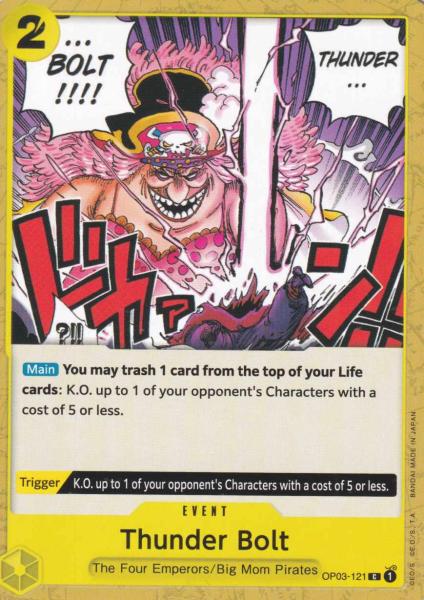Thunder Bolt OP03-121 ist in Common. Die One Piece Karte ist aus Pillars of Strength OP-03 in Normal Art.