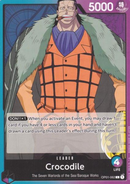 Crocodile OP01-062 ist in Leader. Die One Piece Karte ist aus Romance Dawn in Normal Art.