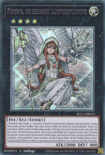 Minerva, die erhabene Lichtverpflichtete BLC1-DE013 ist in Silber Ultra Rare Yu-Gi-Oh Karte aus Battles of Legend Chapter 1 1.Auflage
