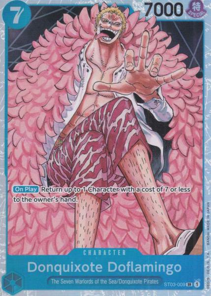 Donquixote Doflamingo ST03-009 ist in Super Rare. Die One Piece Karte ist aus The Seven Warlords of the Sea ST03 in Normal Art.