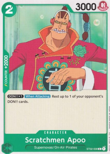 Scratchmen Apoo ST02-008 ist in Common. Die One Piece Karte ist aus Worst Generation ST02 in Normal Art.